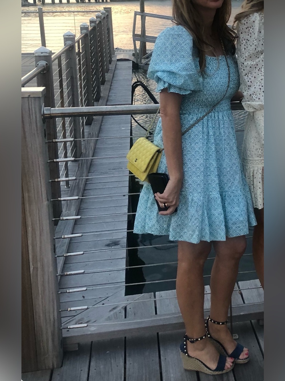 Smocked Off-Shoulder Mini Dress in Light Blue Print
